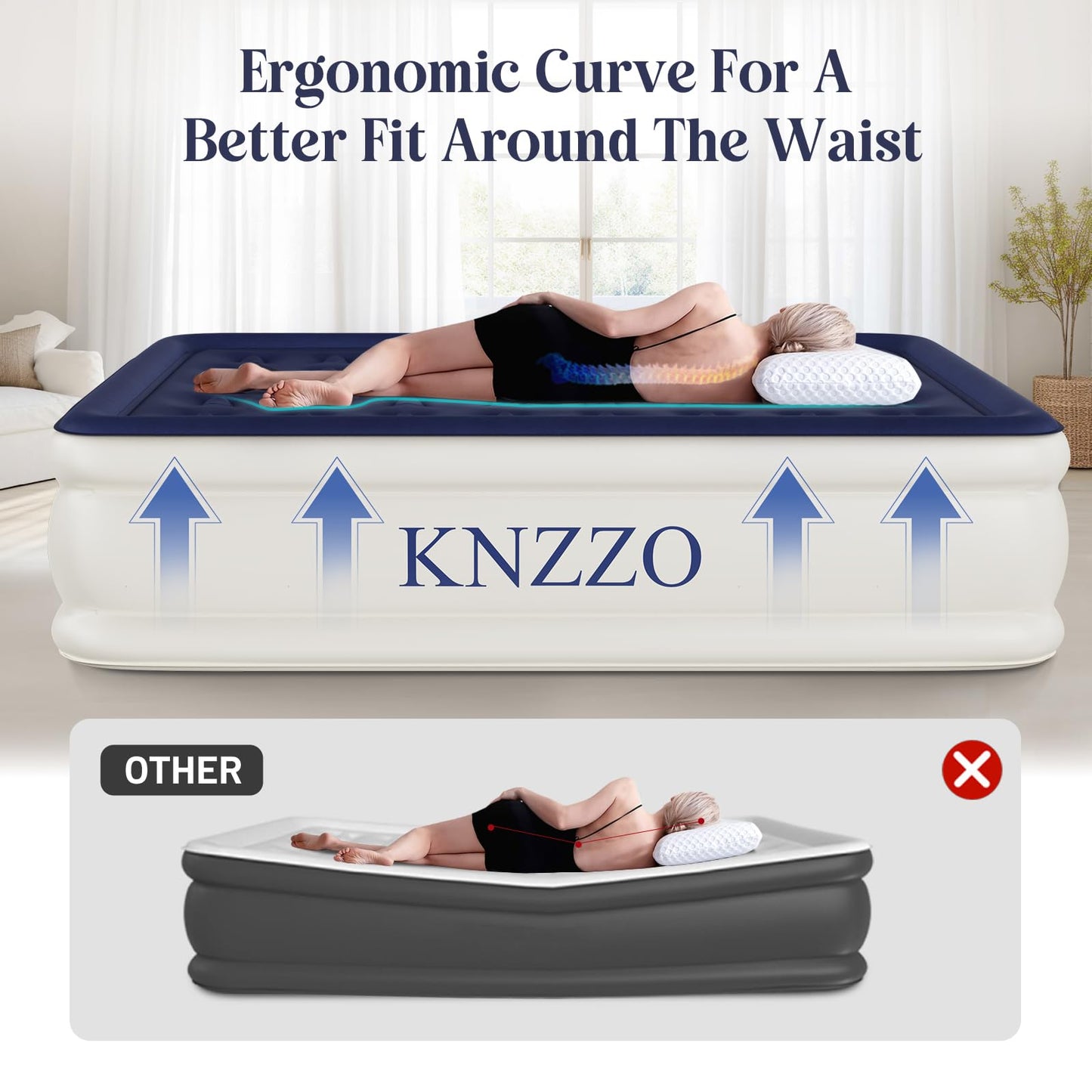 KNZZO Air Mattress Queen with Built-in Pump, Blow Up Mattress with Soft Flocked Top, Leakproof Inflatable Mattress, Foldable Waterproof Air Bed for Home, Guests, Camping, with Storage Bag