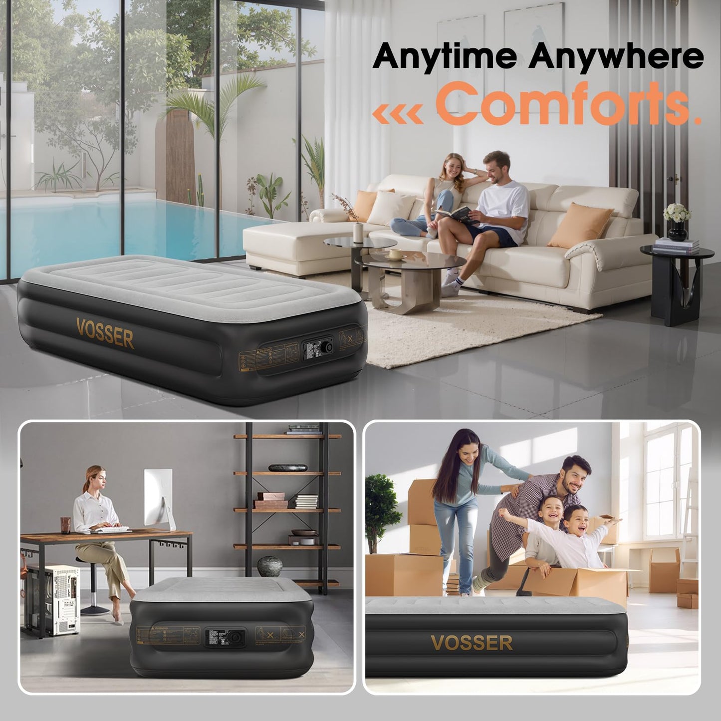 VOSSER Twin Air Mattress with Built in Pump,18''Inflatable Mattress 2 Mins Self-Inflation/Deflation,XL-Long Blow up Mattress Thicker,Flocked Top Air Bed with Storage Bag for Home, Camping & Guests