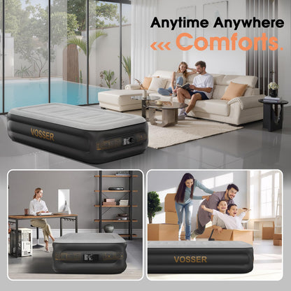 VOSSER Twin Air Mattress with Built in Pump,18''Inflatable Mattress 2 Mins Self-Inflation/Deflation,XL-Long Blow up Mattress Thicker,Flocked Top Air Bed with Storage Bag for Home, Camping & Guests
