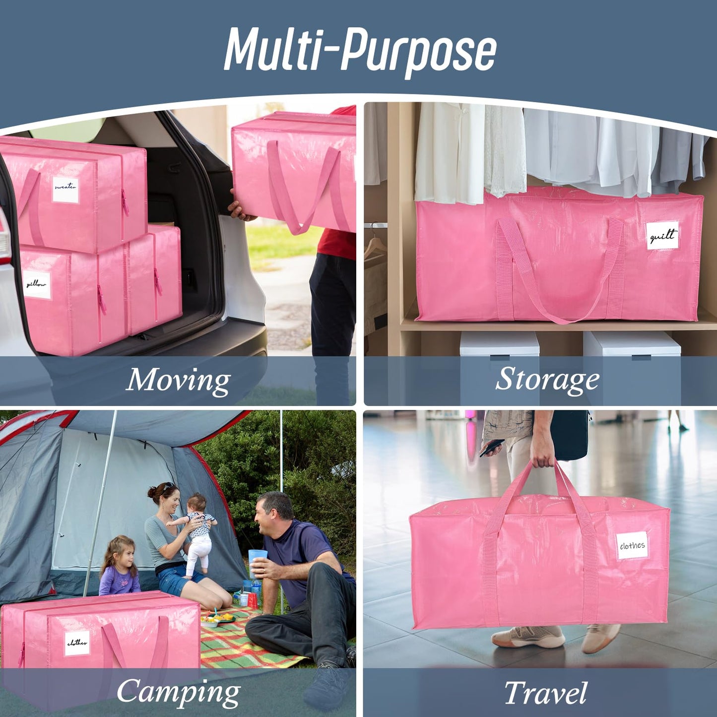 6 Pack Extra Heavy Duty Large Moving Bags with Strong Zipper & Comfortable Handles, Sturdy & Durable Clothes Storage Bags Totes Bins, Packing Moving Boxes for College Supplies, Pink