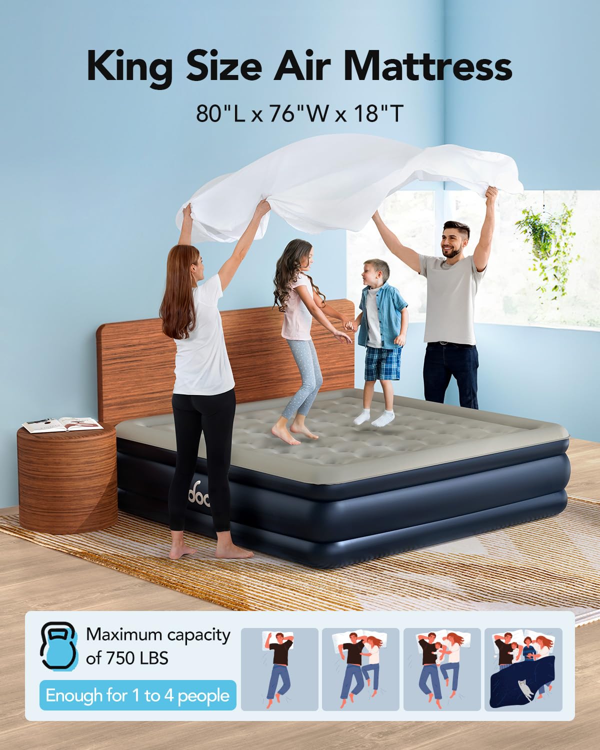 iDOO King Size Air Mattress with Built in Pump, 18" Raised Comfort Blow up Mattress King, Upgraded Inflatable Mattress for Guest Home, Temporary Air Bed with Storage Bag, colchon inflable, 750lbs Max