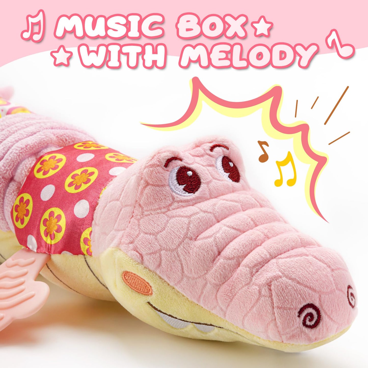 AWOTOY Baby Toys 0 to 12 Months, Musical Stuffed Animal Activity Soft Toys with Multi-Sensory Crinkle, Rattle and Textures,Infant Tummy Time Toys for Newborn Boys Girls, Crocodile, Pink
