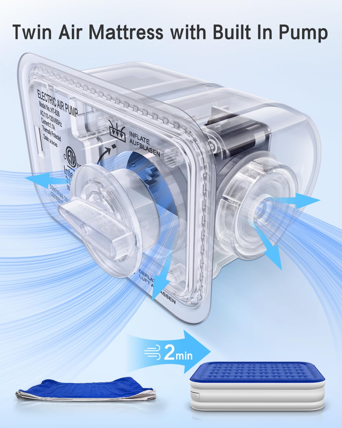 Xsleep Twin Air Mattress with Built in Pump Luxurious Comfort 16" Raised Inflatable Mattress Twin Airbed Blow Up Mattress for Home and Guests 75"*39"*16"Air Bed 2 Mins Fast Inflate/Deflate 330 lbs Max