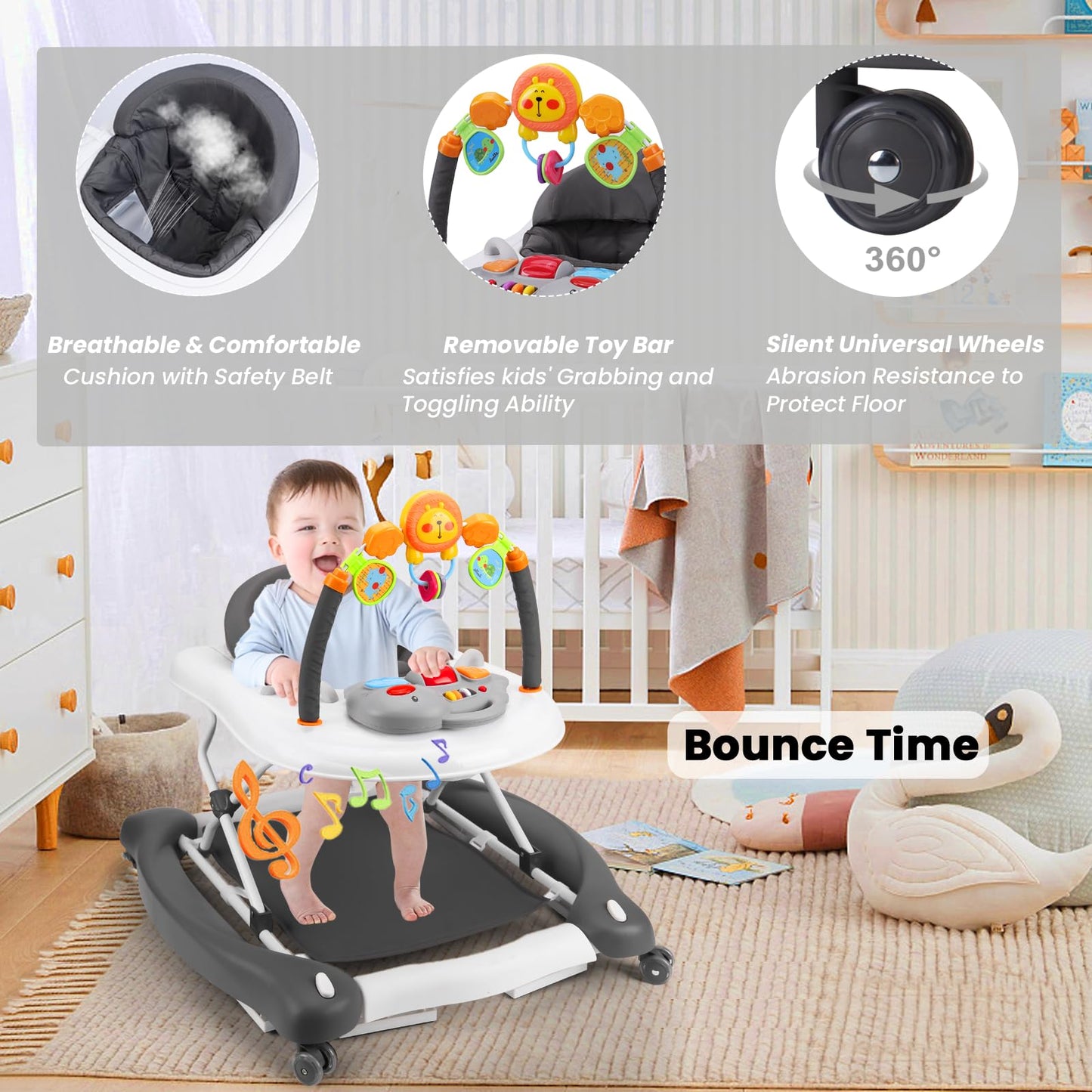 Boyro Baby Baby Walker, 5-in-1 Baby Walkers for Boys and Girls 6-12 Months with Bouncer, Removable Footrest, Feeding Tray & Music, Foldable & Adjustable Activity Walker for 6-18 Months Toddler Infant
