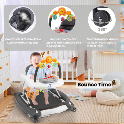 Boyro Baby Baby Walker, 5-in-1 Baby Walkers for Boys and Girls 6-12 Months with Bouncer, Removable Footrest, Feeding Tray & Music, Foldable & Adjustable Activity Walker for 6-18 Months Toddler Infant