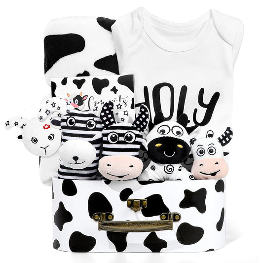 iAOVUEBY Baby Shower Gifts, Baby Gift Set for Newborn, Black and White High Contrast Baby Montessori Toys 0-6 Months Infant Rattle Socks Blanket Onesies, New Baby Gifts Basket for Girls Boys