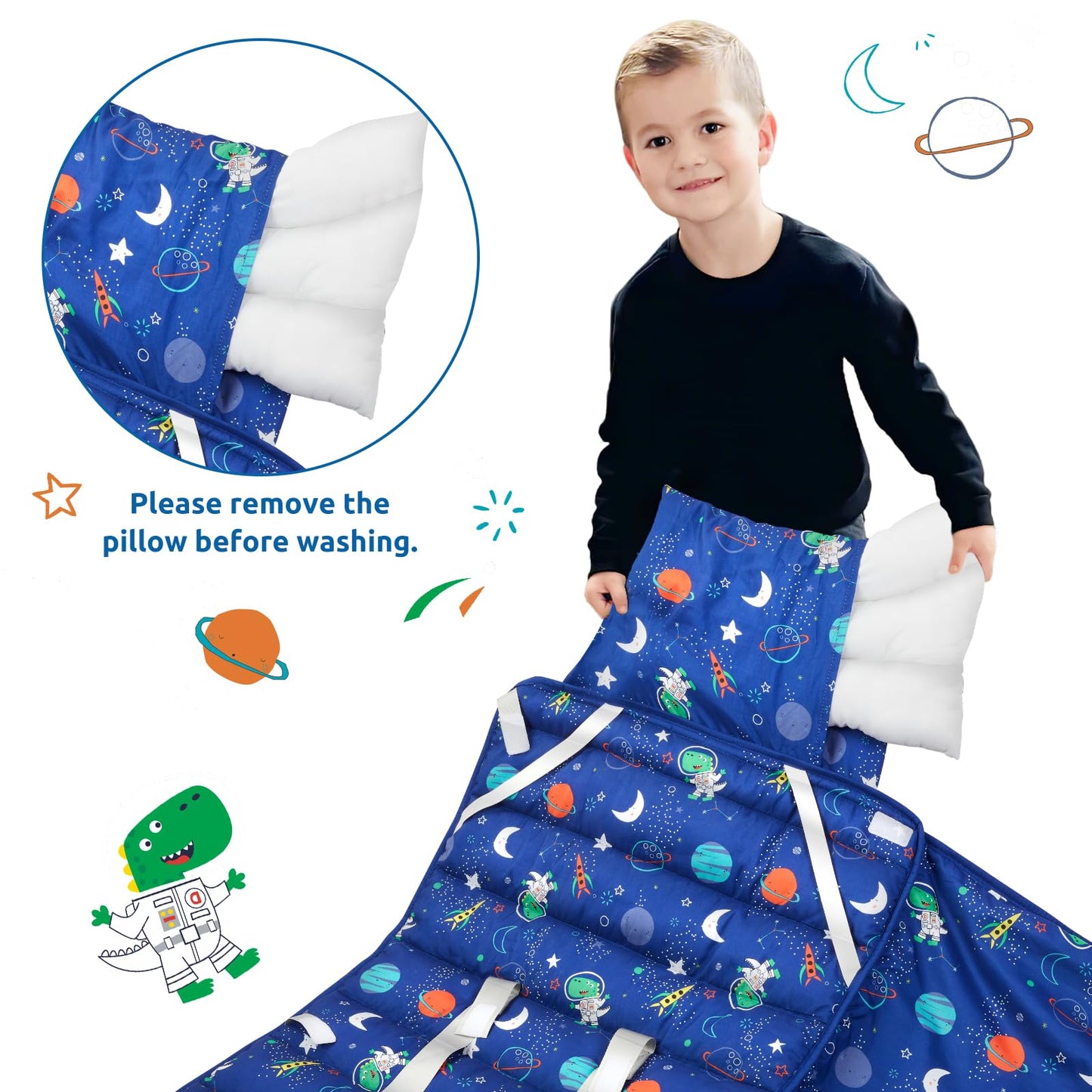 Safotad Toddler Nap Mat with Pillow and Blanket, Soft Sleeping Bag for Kids Boys and Girls, Slumber Bags Kids for Preschool, Daycare, Travel, Camping, 54" x 33" Great for Ages 3-6(Blue)