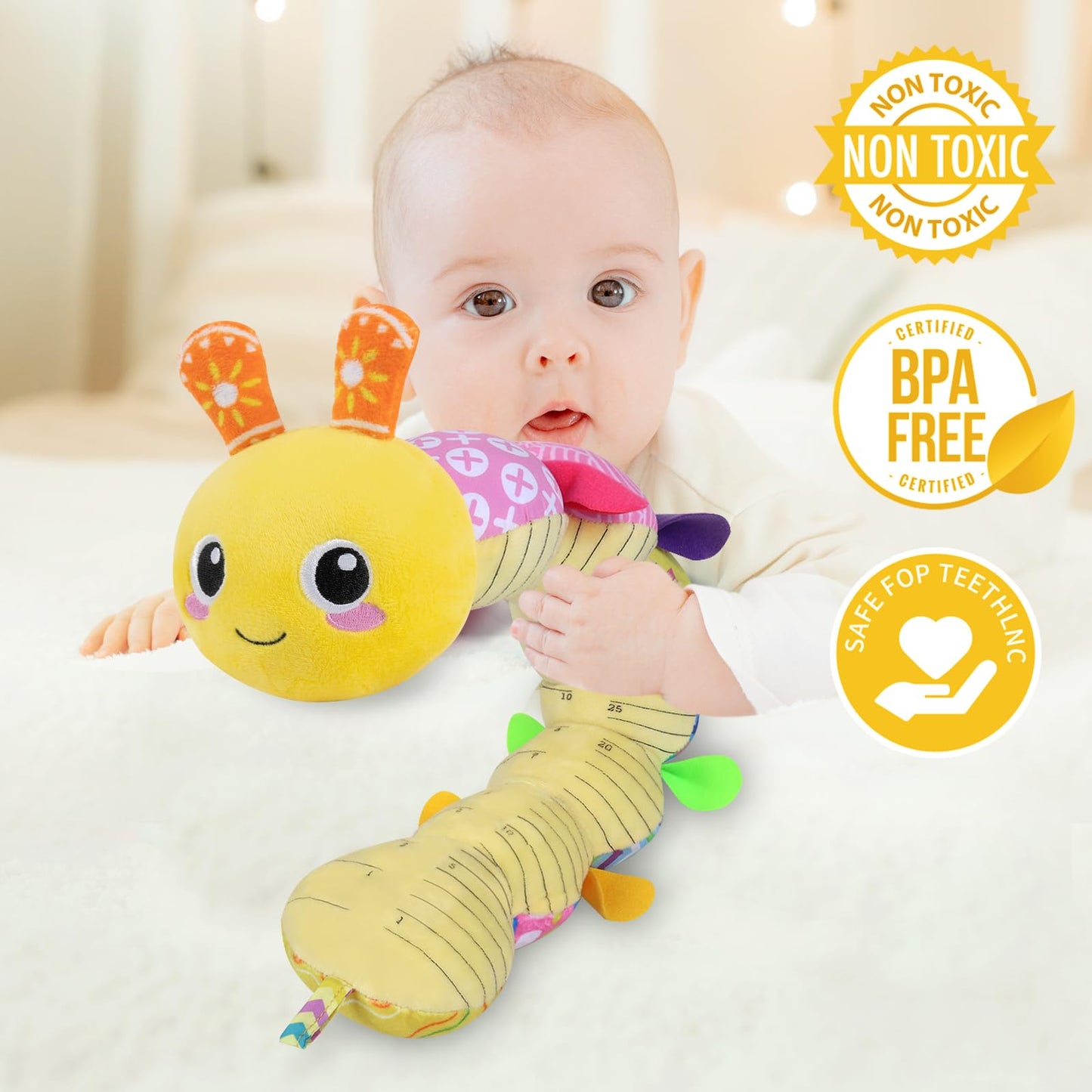 KMUYSL Baby Toys 0-12 Months, Musical Animal Stuffed Toy with Crinkle, Rattles & Lullaby, Plush Toy for Infant Newborn, Yellow Fabric Cotton