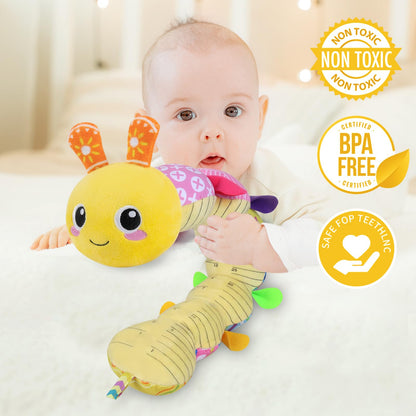 KMUYSL Baby Toys 0-12 Months, Musical Animal Stuffed Toy with Crinkle, Rattles & Lullaby, Plush Toy for Infant Newborn, Yellow Fabric Cotton