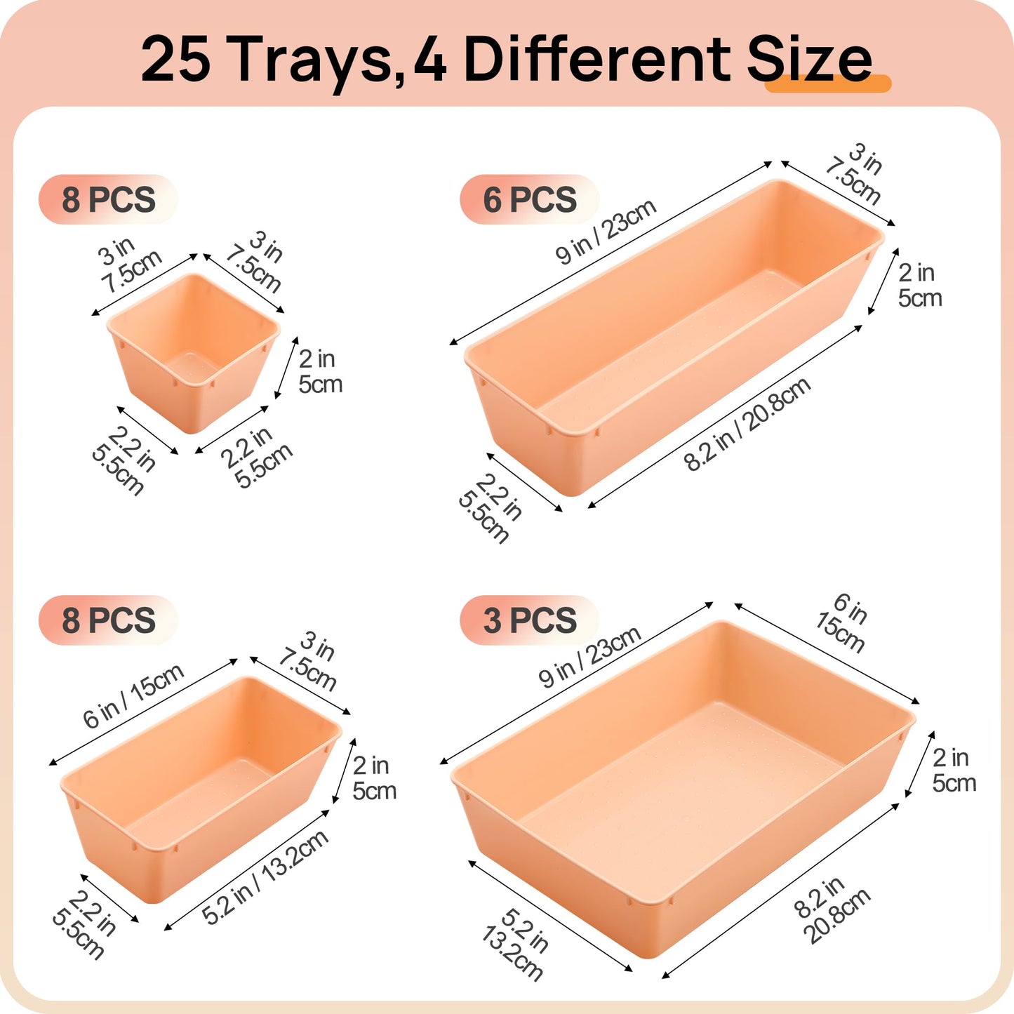 Vtopmart 25 PCS Plastic Drawer Organizers Set, 4-Size Versatile Bathroom and Vanity Drawer Organizer Trays, Storage Bins for Makeup, Bedroom, Kitchen Gadgets Utensils and Office