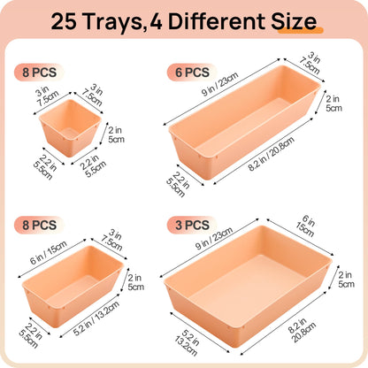 Vtopmart 25 PCS Plastic Drawer Organizers Set, 4-Size Versatile Bathroom and Vanity Drawer Organizer Trays, Storage Bins for Makeup, Bedroom, Kitchen Gadgets Utensils and Office