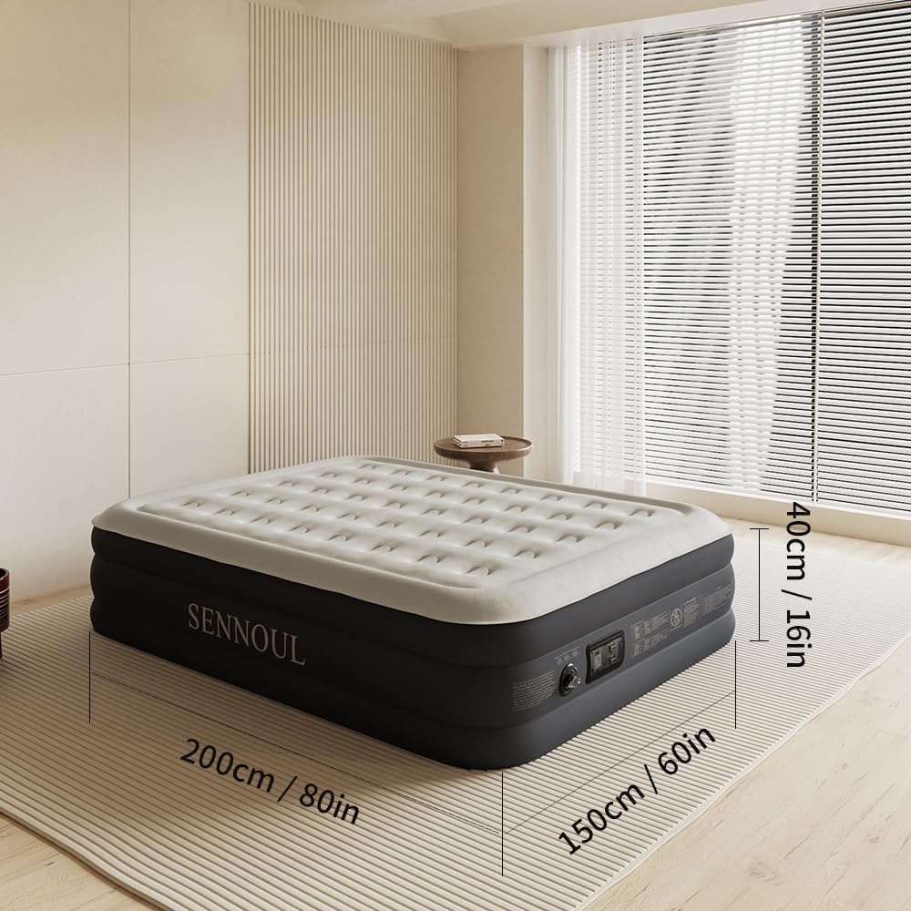 SENNOUL Air Mattress Queen with Built in Pump - 2 Mins Quick Self Inflatable,16"/650lbs Max Blow Up Bed, All Night Stability No Lost Air，No Peculiar Smell for Camping,Home,Guests & Portable Travel