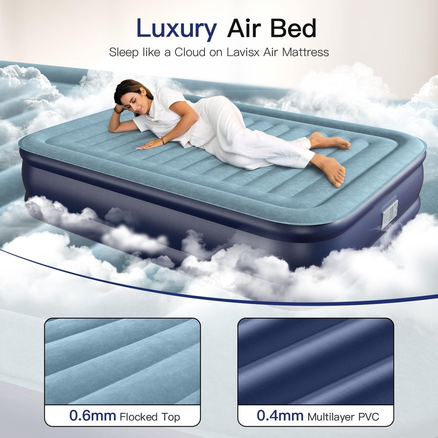 Lavisx Queen Air Mattress 18” with Built in Pump, 2 Mins High Speed Inflation Luxury Auto Stop Pump Blow Up Mattress Comfort Air Bed, Colchones Inflables