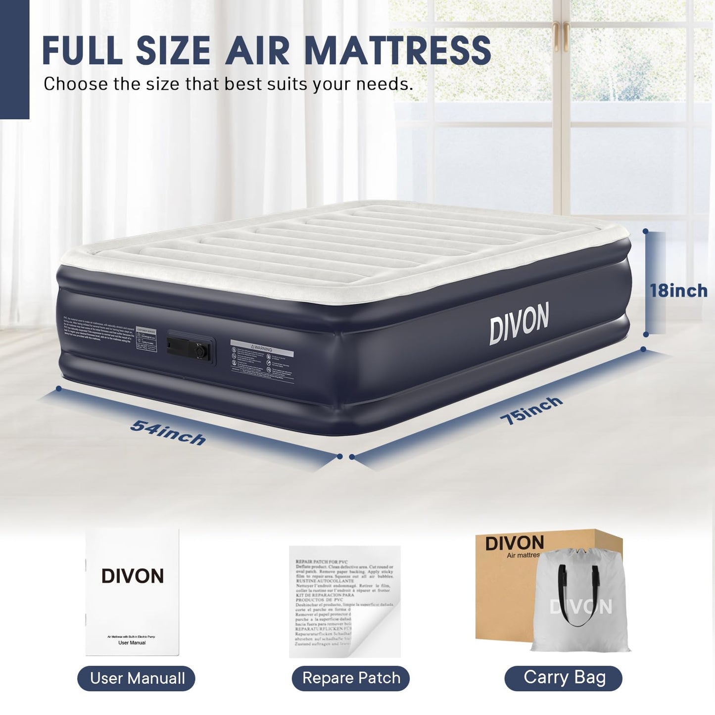 Air Mattress Full with Built in Pump,18''Raised Blow Up Mattress 2 Mins Self-Inflation/Deflation,Upgraded Thicker Inflatable Mattress，Air Bed with Storage Bag for Guests,Home，Camping，660 lbs Max