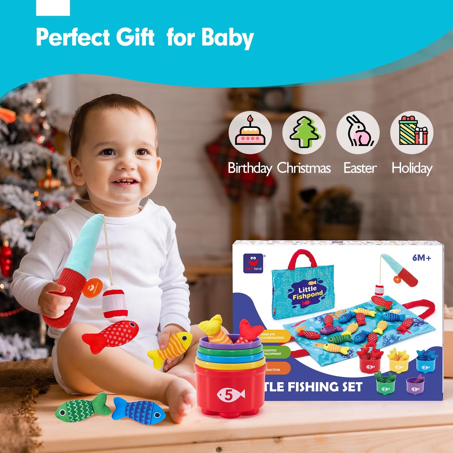 hahaland Montessori Toys for 1 Year Old - 10 in 1 Cloth Toddler Fishing Game with Stacking Cups, Baby Toy 12-18 Months One Year Old Boy Birthday Gift, Toddler Toys for 1 Year Old Boy Girl Gifts