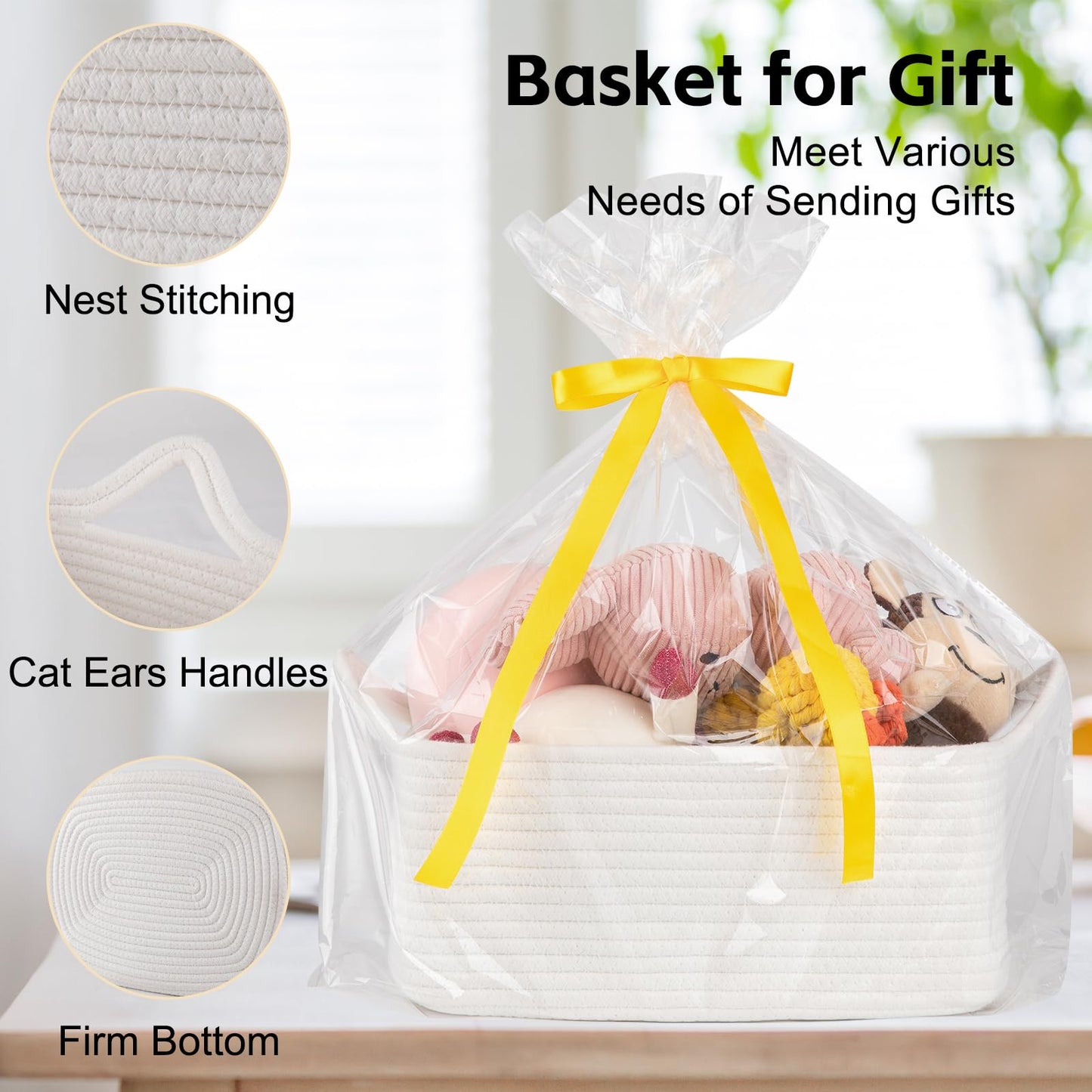 OIAHOMY Woven Basket, Gift Basket Empty with Gift Bags and Ribbons, Rope Baskets for Baby Showers, Storage Baskets with Handles for Nursery, Pet Toy Organizer - White