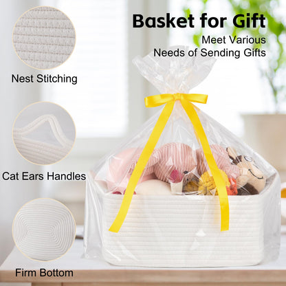 OIAHOMY Woven Basket, Gift Basket Empty with Gift Bags and Ribbons, Rope Baskets for Baby Showers, Storage Baskets with Handles for Nursery, Pet Toy Organizer - White