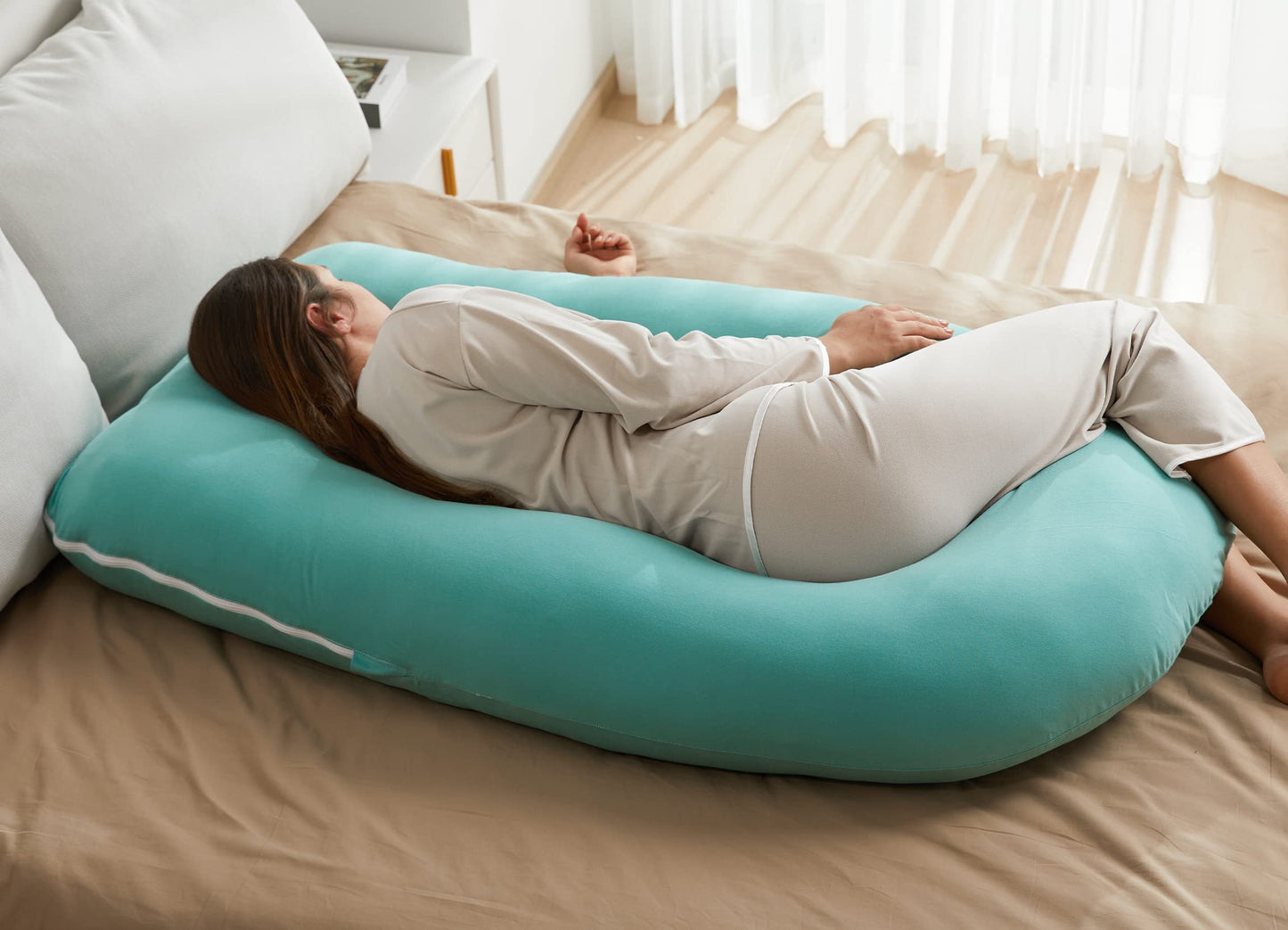 Momcozy U Shaped Pregnancy Pillows with Cotton Removable Cover, 57 Inch Full Body Pillow Maternity Support, Must Have for Pregnant Women, Tiffany Blue
