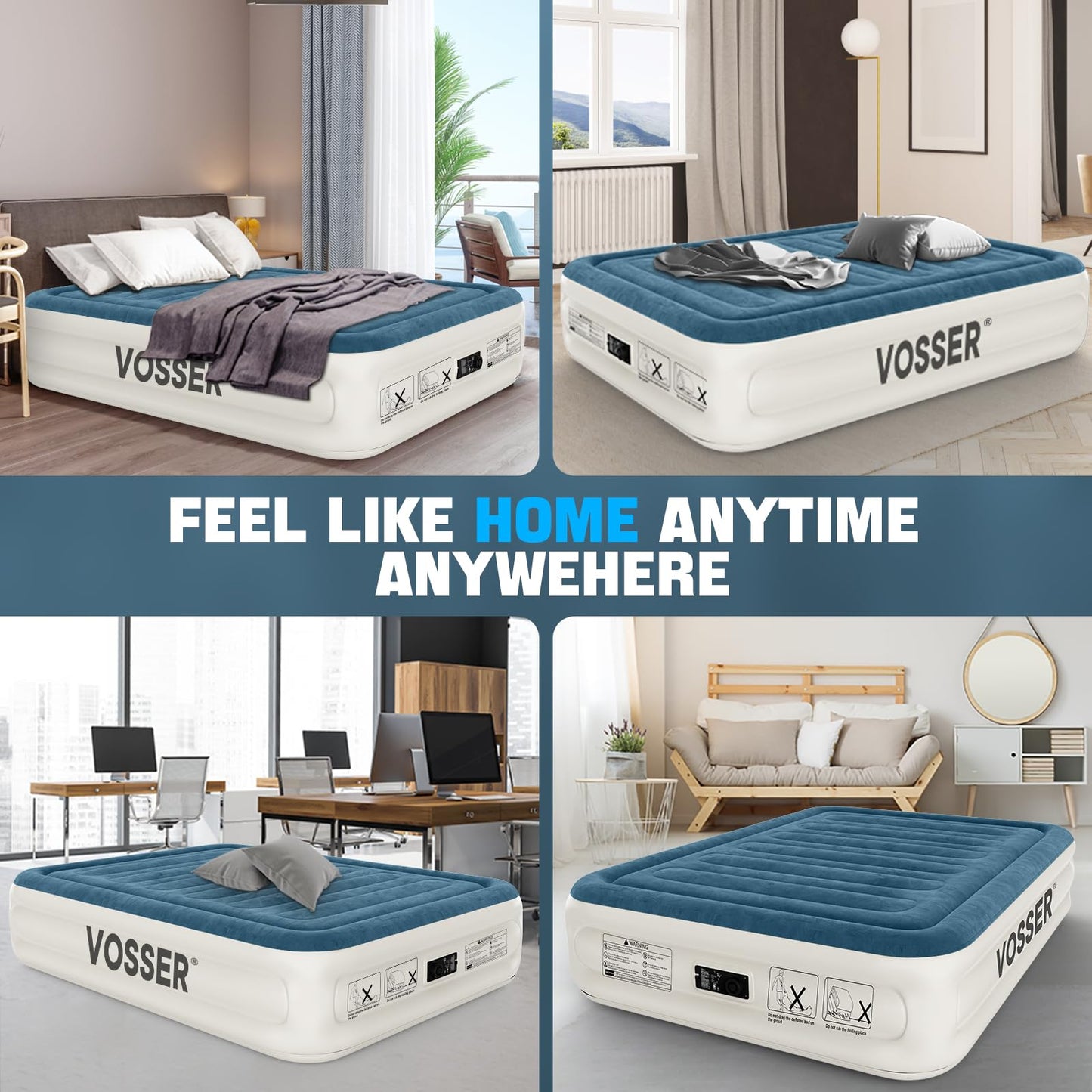 VOSSER Queen Air Mattress with Built-in Pump,18''Fast & Easy Inflation/Deflation Inflatable Mattress, Foldable Blow Up Mattress with Storage Bag, Inflatable Bed for Home, Camping & Guests