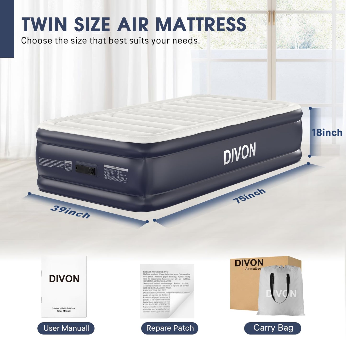 Twin Air Mattress with Built-in Pump,18''Raised Blow Up Mattress 2 Mins Self Inflation/Deflation,Upgraded Thicker Inflatable Mattress，Flocked Top Air Bed with Storage Bag for Guests,Home，Camping
