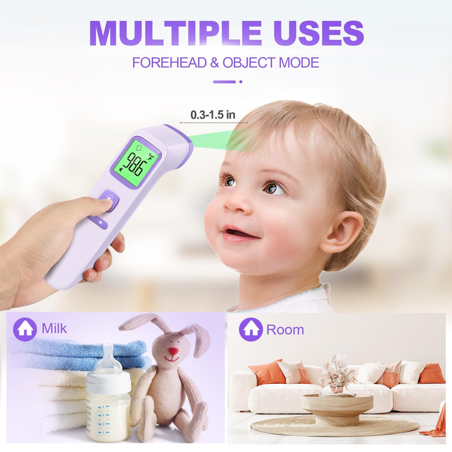 No-Touch Thermometer for Adults and Kids, Digital Accurate Baby Thermometer with Fever Alarm, 1 Second Fast Result, Easy to use, 2 in 1 Mode (Purple)
