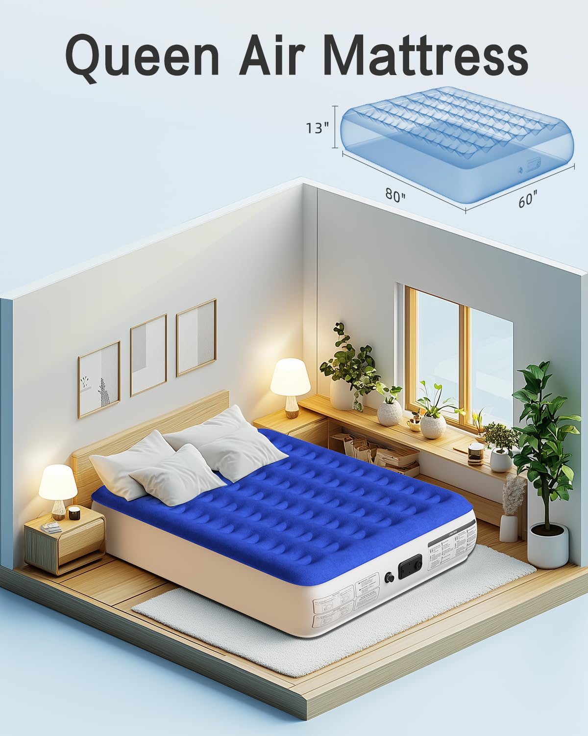 Xsleep Queen Air Mattress with Built in Pump Luxurious Comfort Raised Inflatable Mattress Queen Airbed Blow Up Mattress for Home and Guests 80"*60"*13" Air Bed 2 Mins Fast Inflate/Deflate 660 lbs Max