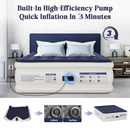KNZZO Air Mattress Queen with Built-in Pump, Blow Up Mattress with Soft Flocked Top, Leakproof Inflatable Mattress, Foldable Waterproof Air Bed for Home, Guests, Camping, with Storage Bag