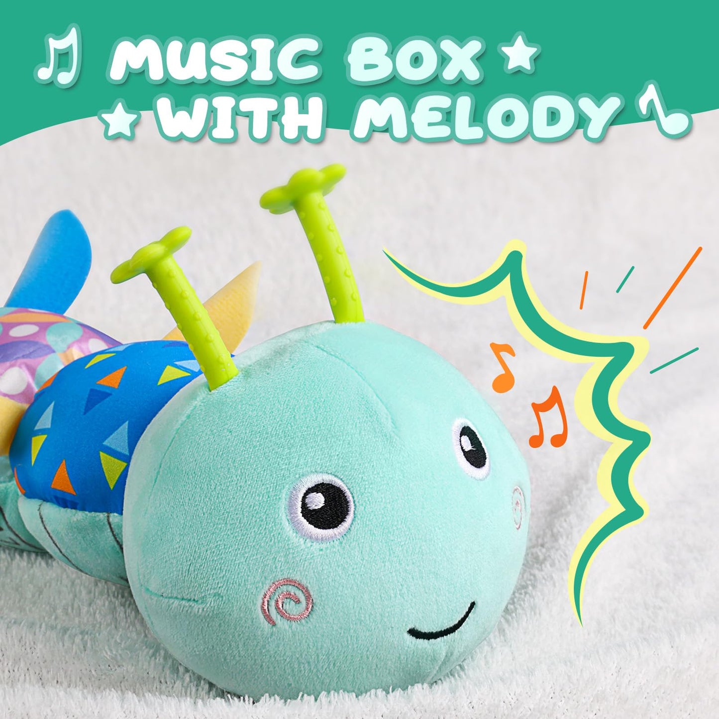 Awotoy Baby Toys 0 to 12 Months, Musical Stuffed Animal Activity Soft Toy with Multi-Sensory Crinkle, Rattle and Textures, Infant Tummy Time Toys for Newborn Boys Girls, Caterpillar, Blue