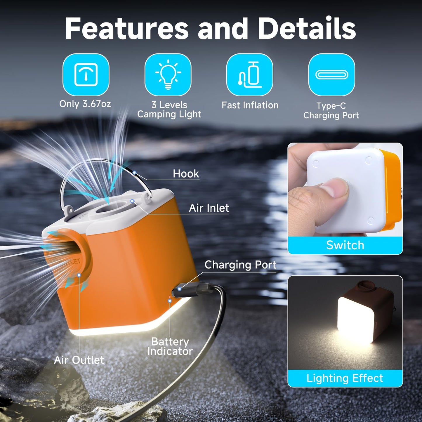Portable Air Pump for Inflatables, 4.5kPa Mini Air Mattress Pump with Camping Light, 2400mAh Battery Rechargeable Air Pump for Pool Floats, Sleeping Pads, Swimming Ring, Vacuum Storage Bags, Orange