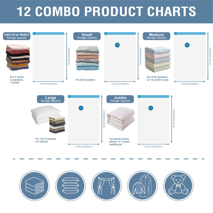 12 Pack Vacuum Storage Bags, Space Saver Vacuum Storage Bags, Vacuum Seal Bags for Clothing, Clothes, Comforters and Blankets, Hand Pump Included