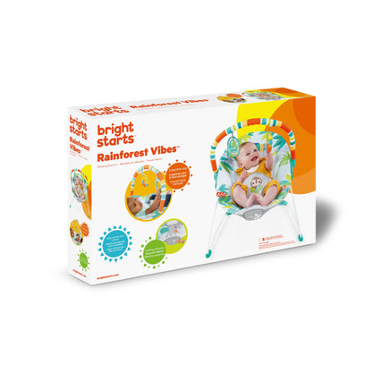 Bright Starts Baby Bouncer Soothing Vibrations Infant Seat - Removable -Toy Bar, Nonslip Feet, 0-6 Months Up to 20 lbs (Rainforest Vibes)