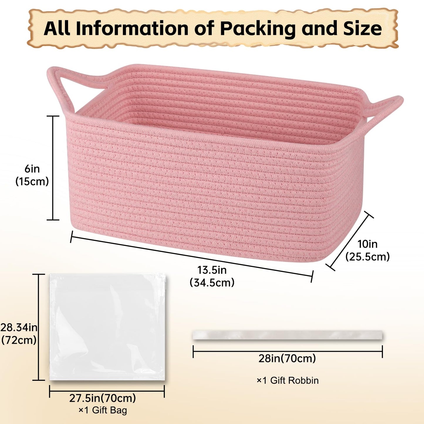 OIAHOMY Woven Basket, Gift Basket Empty with Gift Bags and Ribbons, Rope Baskets for Baby Showers, Storage Baskets with Handles for Nursery, Pet Toy Organizer - Pink