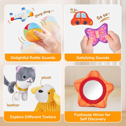 JoyCat Baby Toys 6-12 Months - Mystery Soft Box with 10 Sensory Objects, Rattle, Crinkle Paper, Mirror - What's Inside Box Infant Gifts, Soft Busy Toys 1-2 - Baby Birthday Gifts Boy Girl Chirstmas