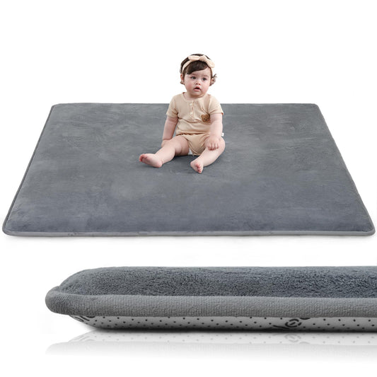Huloo Sleep Baby Play Mat for Floor,1.3" Thick Elasti-Foam 50"×50" Playpen Mat for Tummy Time,Water Repellent Soft Coral Velvet for Toddler,Infant,Kids,Non-Slip Backing Safe for Crawling(Dark Grey)