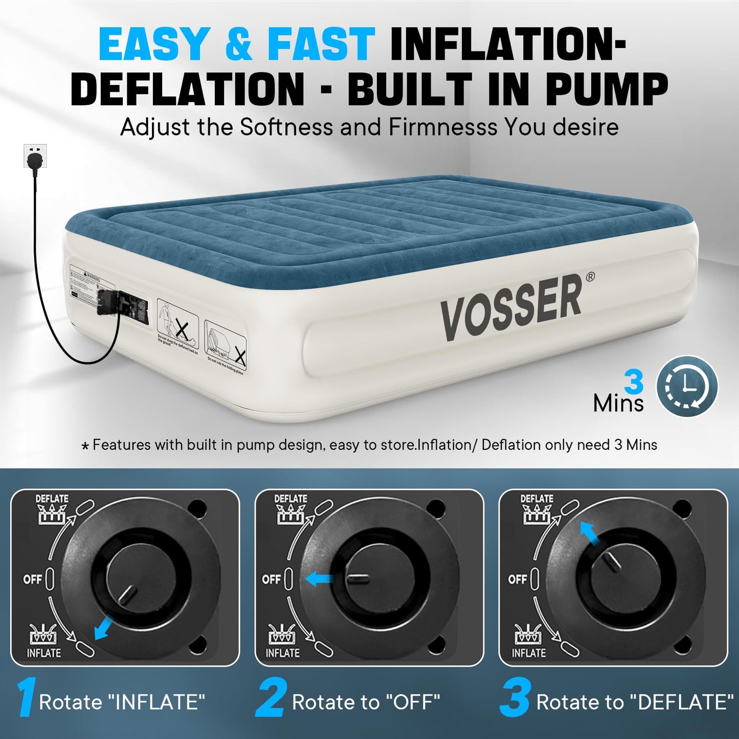VOSSER Queen Air Mattress with Built-in Pump,18''Fast & Easy Inflation/Deflation Inflatable Mattress, Foldable Blow Up Mattress with Storage Bag, Inflatable Bed for Home, Camping & Guests
