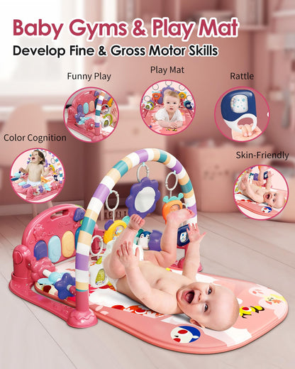 dearlomum Baby Play Mat Baby Gym,Funny Play Piano Tummy Time Baby Activity Mat with 5 Infant Sensory Baby Toys, Music and Lights Boy & Girl Gifts for Newborn Baby 0 to 3 6 9 12 Months (Pink)