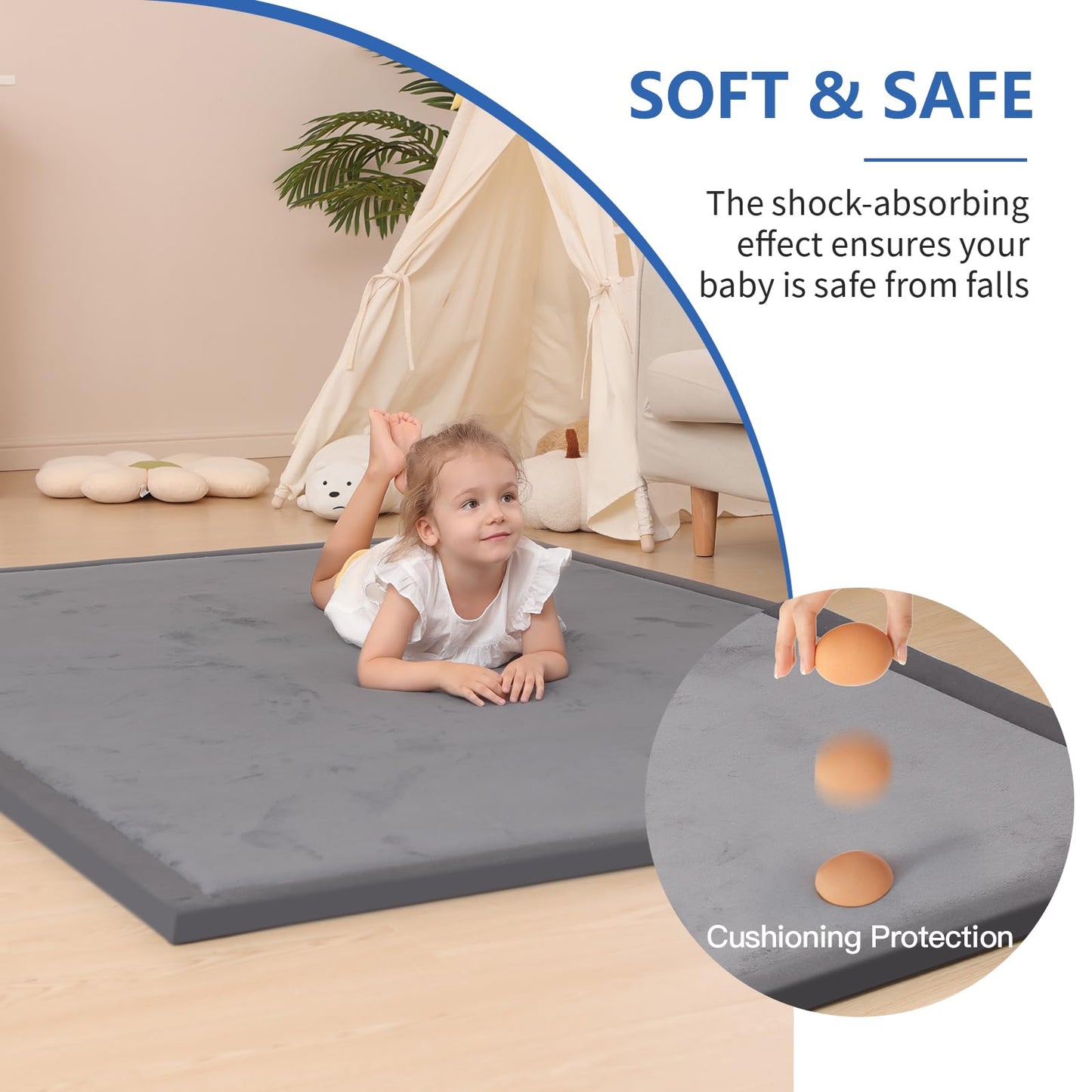 Huloo Sleep Ultra Soft Baby Play Mat for Floor,1.3" Thick Elasti-Foam 50x50 Playpen Mat for Toddlers Infant kids,Water-Repellent Coral Velvet for Tummy Time,Non-Slip Backing Safe for Crawling,Tatami Style (Dark Grey)