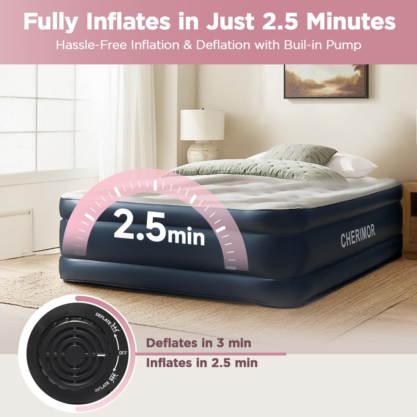 CHERIMOR Air Mattress, 18" Raised Full Size Self Inflatable Blow Up Mattress with Built in Pump, Thick Comfort Air Bed with Carry Bag for Camping, Guests & Home, 600lb Capacity Colchon Inflable