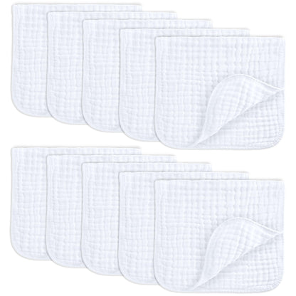 Comfy Cubs Muslin Burp Cloths 20" x 10", Pack of 10 - Large, 6-Layer, Ultra Absorbent 100% Cotton for Baby Drool and Messes - Soft, Safe & Gentle Baby Burp Cloths for Boys & Girls - White