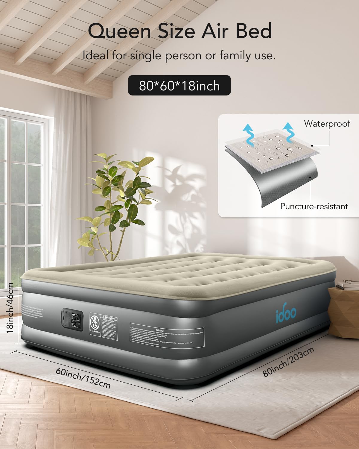 iDOO Air Mattress Queen with Built in Pump, Inflatable Mattress Queen Size, 18" Raised Blow up Mattress for Camping, Guests, Portable & Waterproof Air Bed, Colchon Inflable