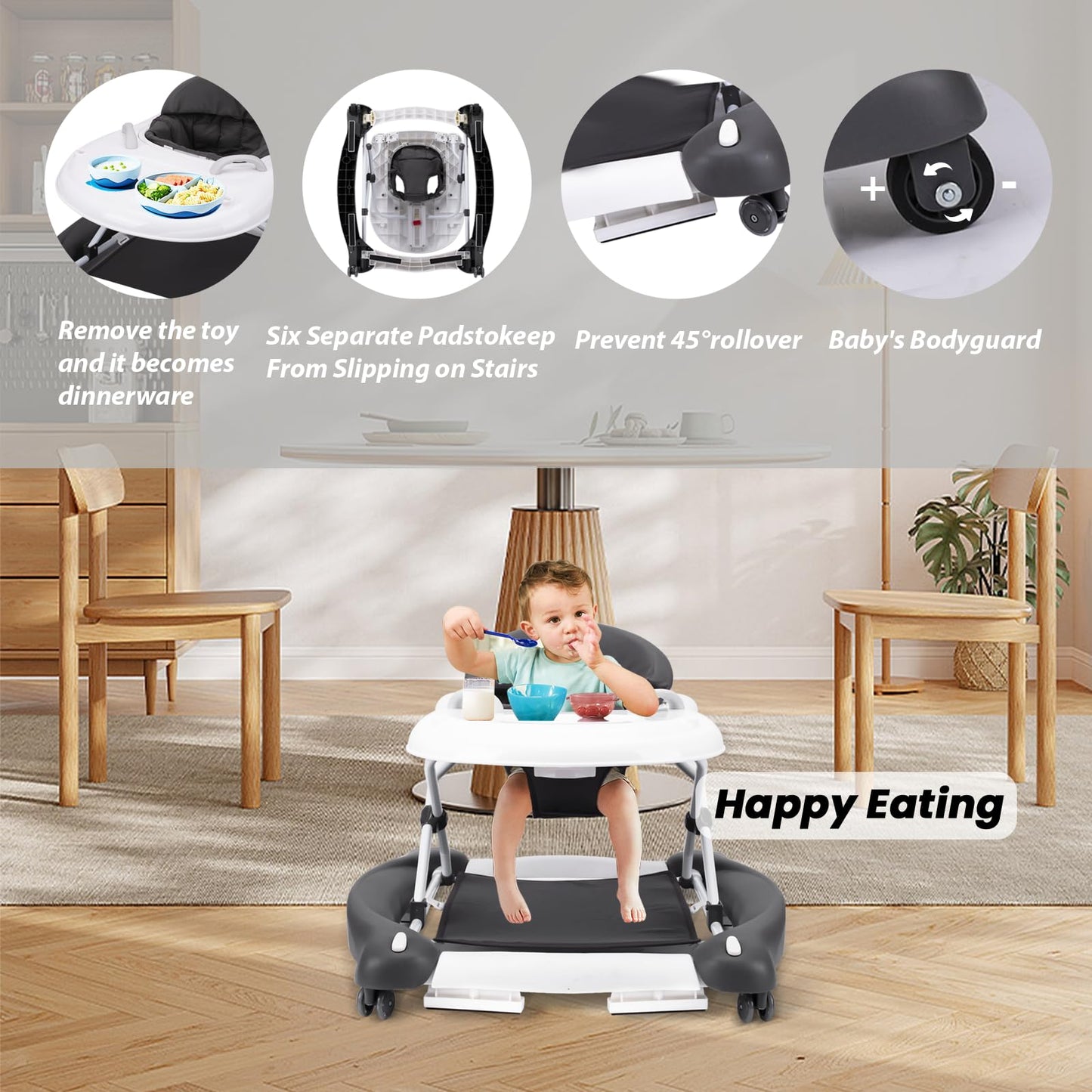 Boyro Baby Baby Walker, 5-in-1 Baby Walkers for Boys and Girls 6-12 Months with Bouncer, Removable Footrest, Feeding Tray & Music, Foldable & Adjustable Activity Walker for 6-18 Months Toddler Infant