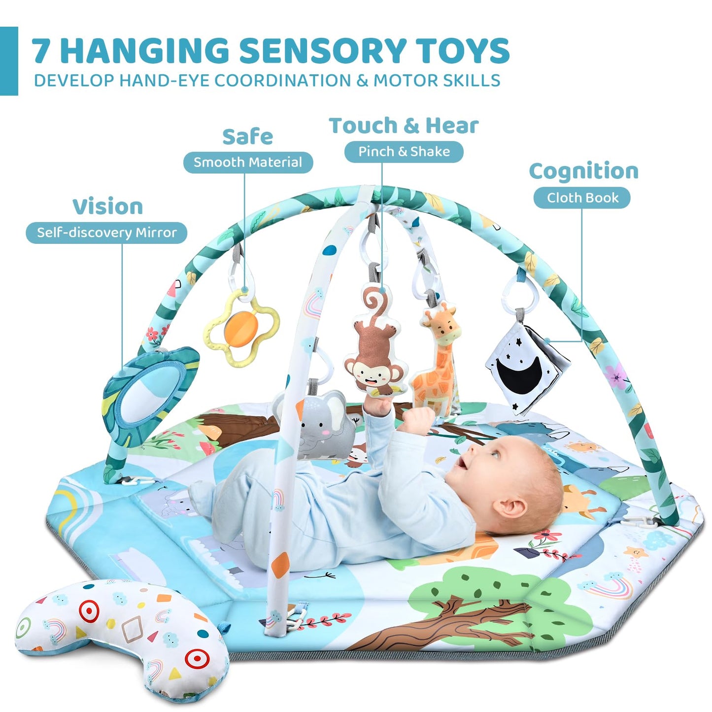 Baby Gym Play Mat, 8-in-1 Tummy Time Mat & Ball Pit with 6 Toys, Washable Baby Activity Play Mat for Visual, Hearing, Sensory, Motor Development, Baby Toys Gift for Toddler Infant 0-3-6-9-12 Months