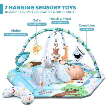 Baby Gym Play Mat, 8-in-1 Tummy Time Mat & Ball Pit with 6 Toys, Washable Baby Activity Play Mat for Visual, Hearing, Sensory, Motor Development, Baby Toys Gift for Toddler Infant 0-3-6-9-12 Months