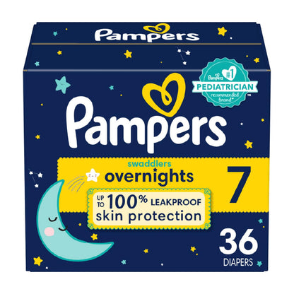 Pampers Overnight Diapers - Swaddlers Overnights - Size 7, 36 Count, Disposable Baby Diaper, Night Time Leak and Skin Protection