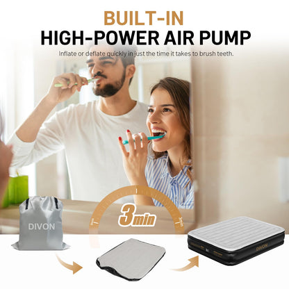 DIVON Air Mattress Queen with Built in Pump,Blow Up Mattress with Wave Pattern in 3 Mins,15’’High Quick Inflatable Mattress Queen,Air Bed for Home&Camping,660lbs