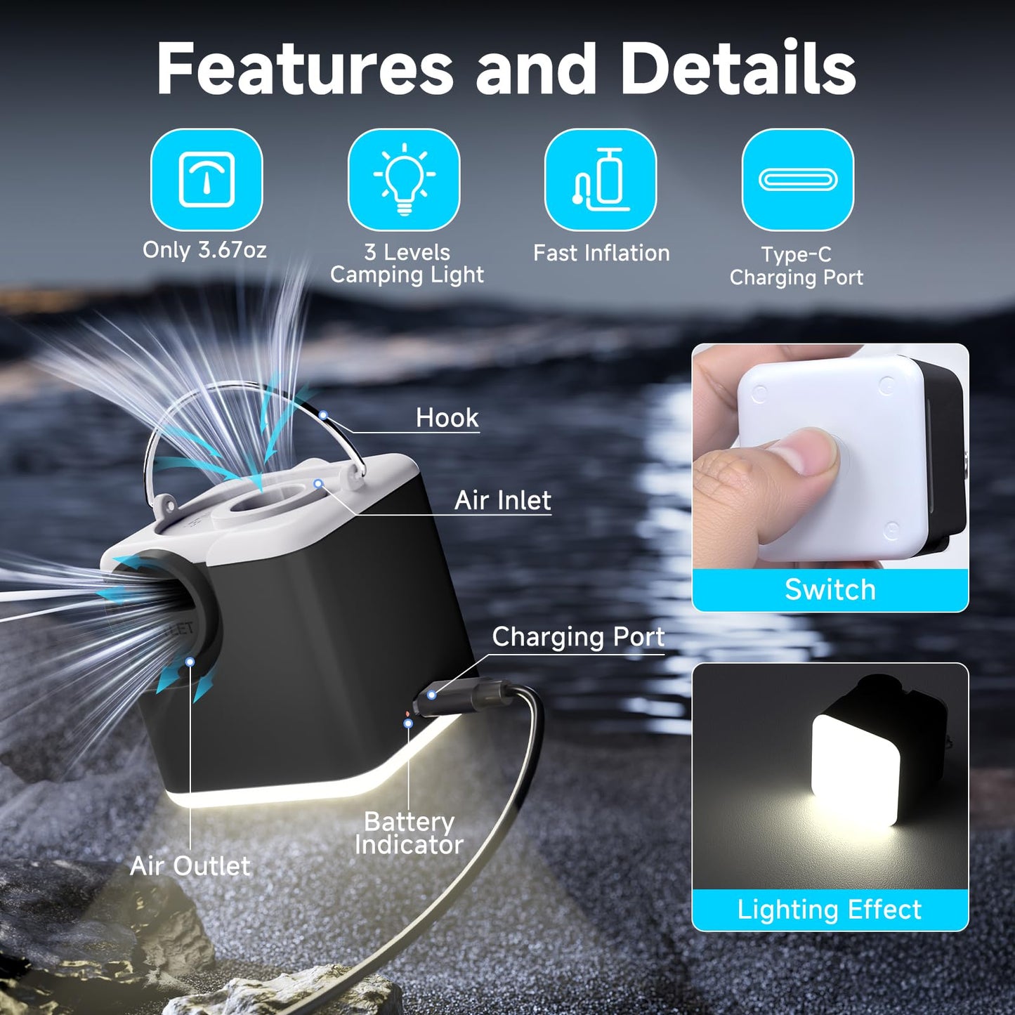 Portable Air Pump for Inflatables, 4.5kPa Mini Air Mattress Pump with Camping Light, 2400mAh Battery Rechargeable Air Pump for Pool Floats, Sleeping Pads, Swimming Ring, Vacuum Storage Bags, Black