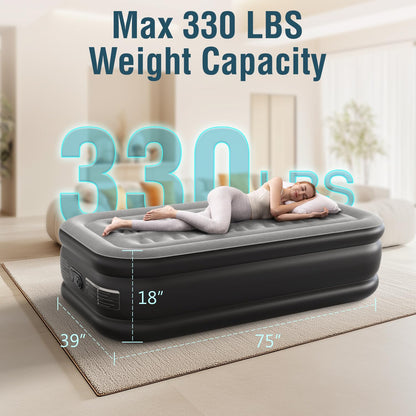 Ezyrest Air Mattress 18", Twin Air Bed with Soft Flocked Top and Portable Carry Bag, Twin Air Mattress with Built in Pump Raised for Guest, Office, Camping (Black)
