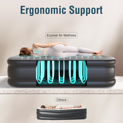 Ezyrest Air Mattress 18", Twin Air Bed with Soft Flocked Top and Portable Carry Bag, Twin Air Mattress with Built in Pump Raised for Guest, Office, Camping (Black)