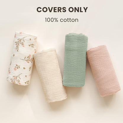 Konssy Muslin Baby Lounger Cover 2 Pack, 100% Cotton Newborn Lounger Cover, Soft and Breathable Baby Nest Slipcover for Boys Girls (Green,Wheat)