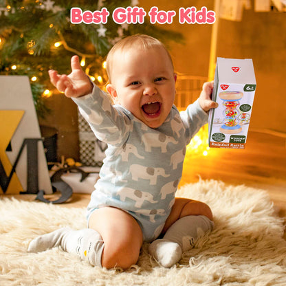 PLAY Rainmaker - 7 inch Wooden Rainbow Rain Stick Montessori Toys for Babies 6-12 Months, Baby Rattle Shaker Sensory Developmental Toy, Raindrops Musical Instrument